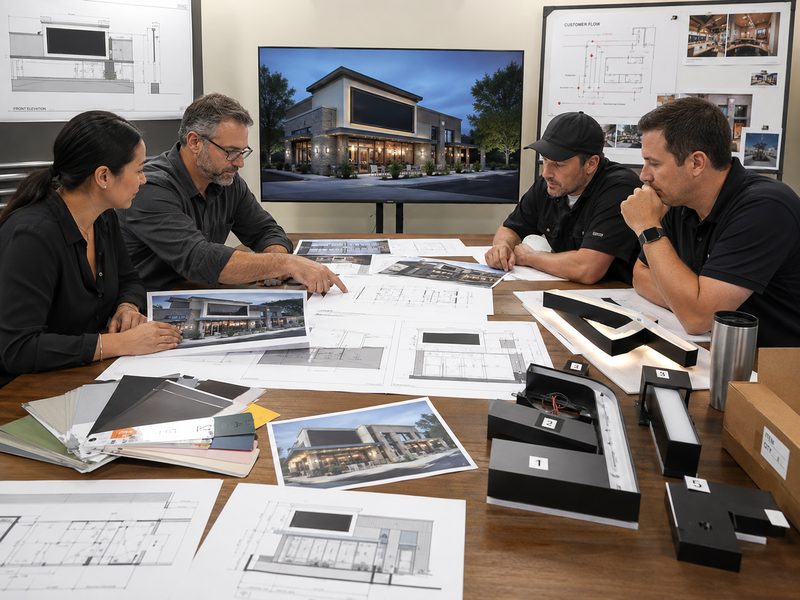 Restaurant signage project planning with drawings, material samples and installation details