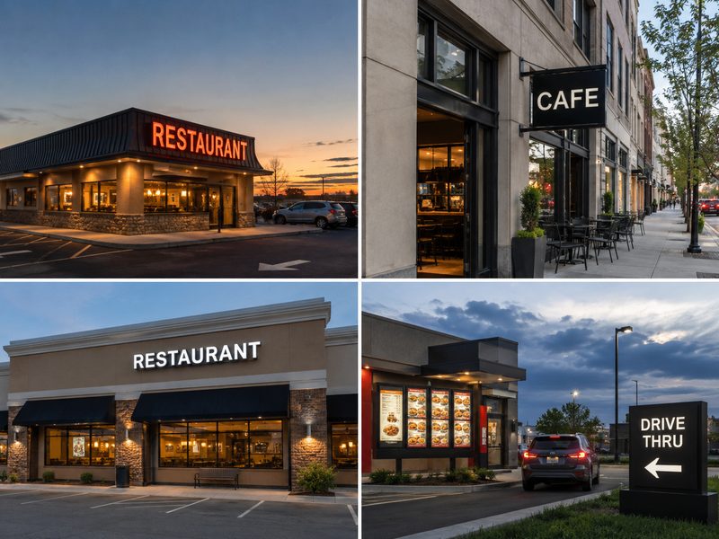 Restaurant sign types for roadside, downtown, shopping center and drive-through locations