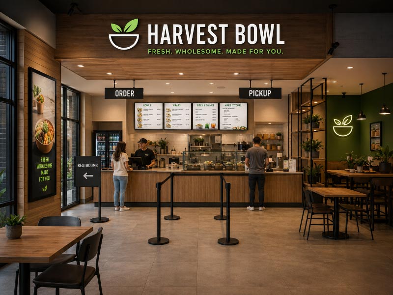 Restaurant signs covering storefront identification, menus, ordering, pickup, and wayfinding