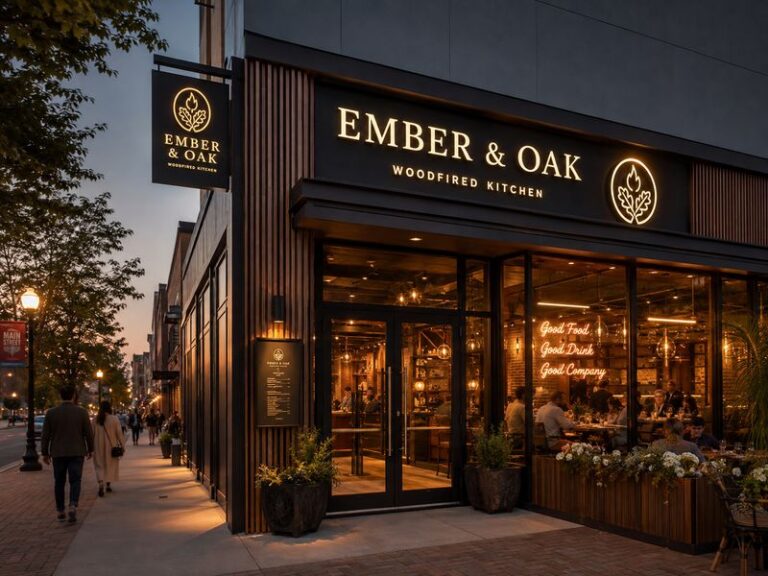 Contemporary restaurant exterior featuring coordinated channel letters, blade signs and illuminated branding at dusk