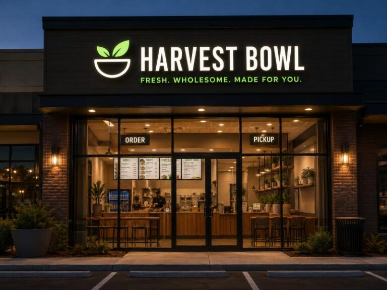 Coordinated storefront, menu, and pickup signs for a modern restaurant