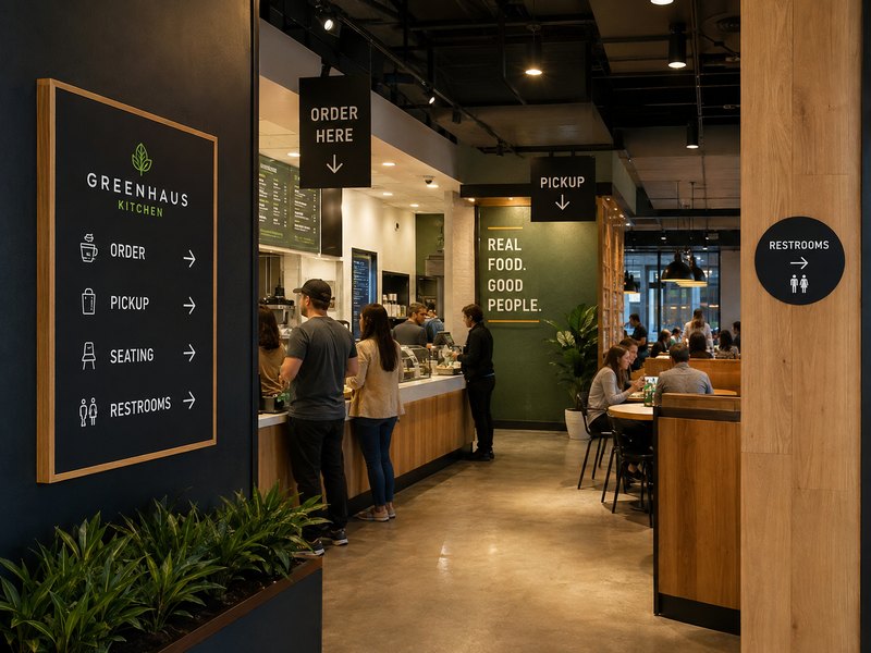 Coordinated restaurant wayfinding signs guiding guests to ordering, pickup, seating and restrooms