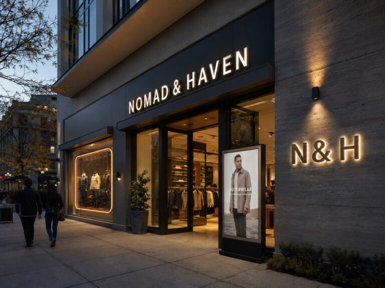 Contemporary retail storefront displaying front-lit channel letters, halo-lit logo signs, a slim light box, and an LED neon window feature