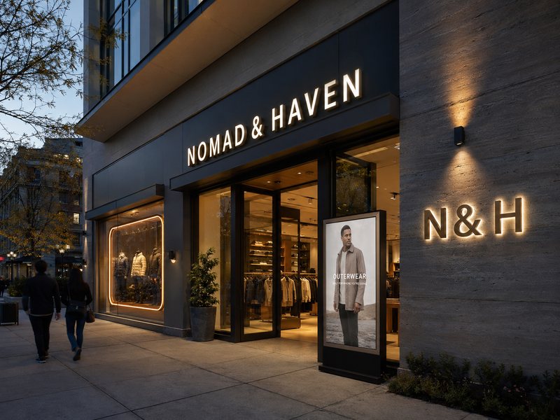 Contemporary retail storefront displaying front-lit channel letters, halo-lit logo signs, a slim light box, and an LED neon window feature