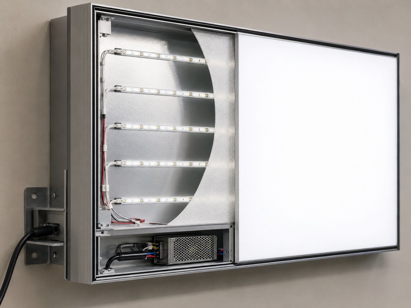 Cutaway view of a retail light box showing aluminum frame, LED layout, wiring and even illumination