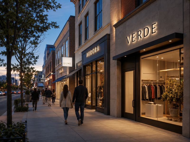 Contemporary retail street showing recognizable storefront signs designed for daylight visibility and architectural integration