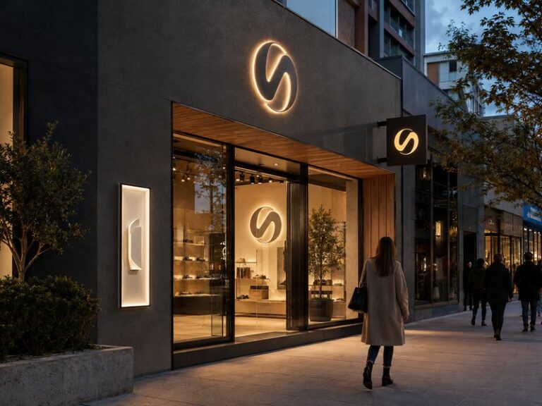 Modern retail storefront with channel letters, blade sign and illuminated window light box at dusk
