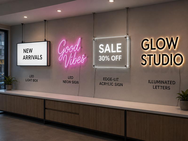LED light box, neon sign, edge-lit acrylic sign, and illuminated letters for retail windows