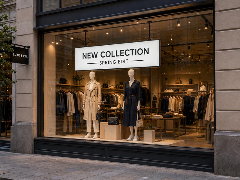 Retail window sign positioned for visibility without blocking merchandise displays