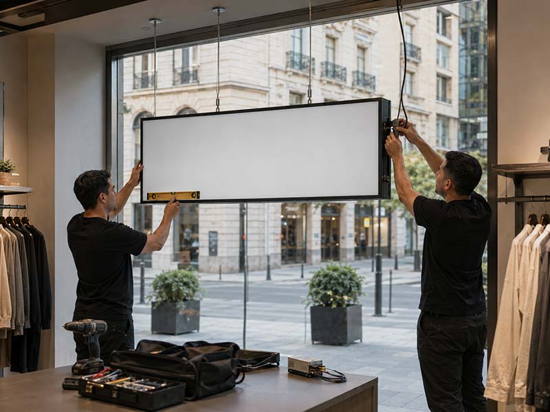 Professional installation of a suspended LED light box inside a retail window