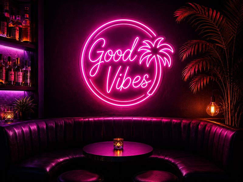 Custom RGB LED neon sign installed behind a DJ booth in a bar