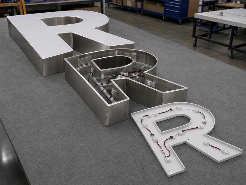 Oversized channel letter divided into multiple factory-engineered sections