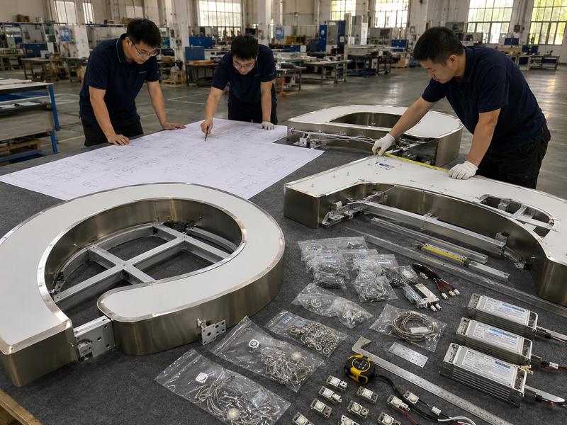 Engineers reviewing drawings and dimensions before segmented channel letter production