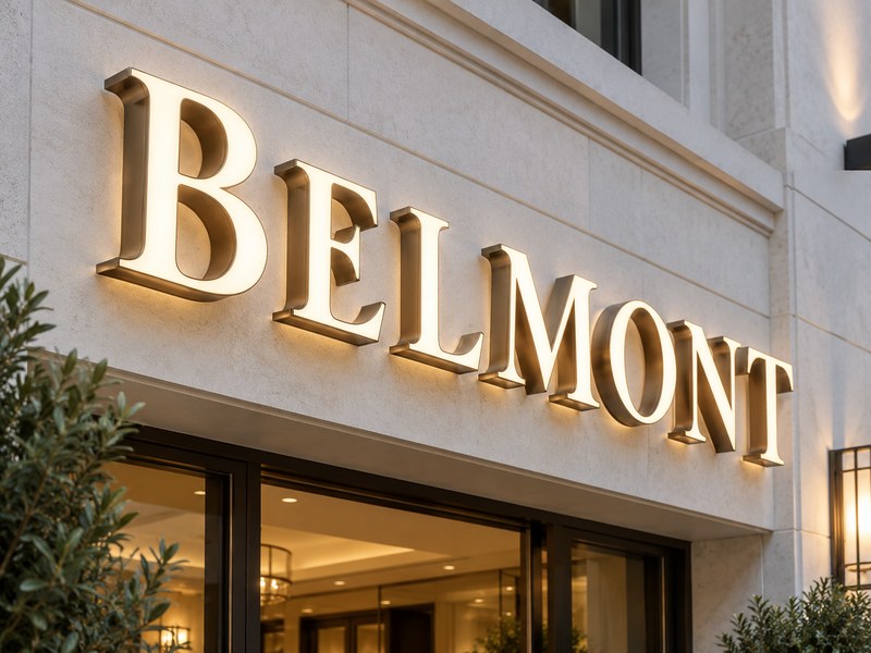 Serif font illuminated channel letters installed on a premium commercial storefront