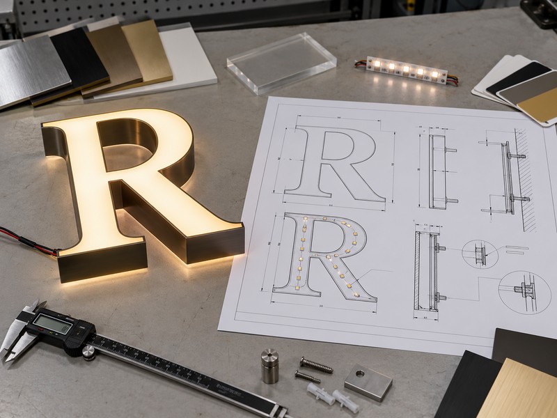 Production-ready serif channel letter with engineering drawing and approved sample