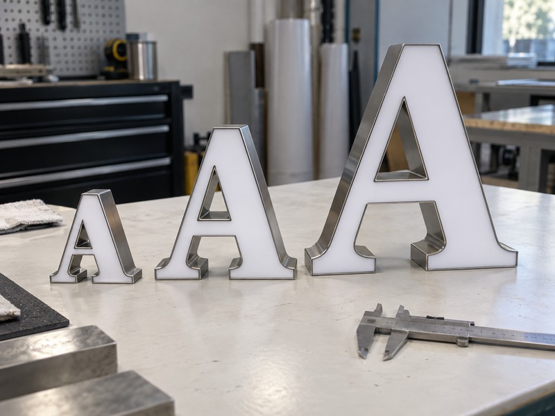 Serif channel letters showing how stroke width changes with letter size