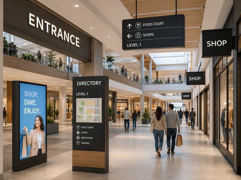 Coordinated shopping mall sign types including channel letters, directory signs, blade signs and promotional light boxes