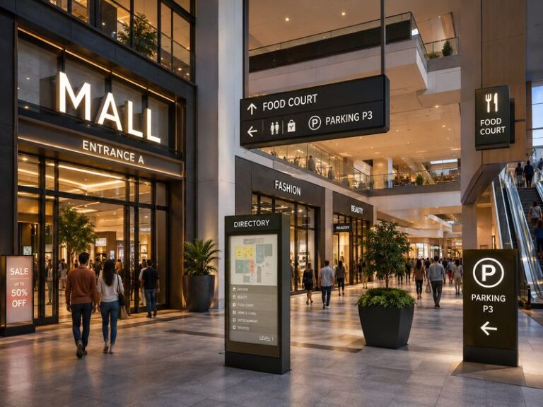 Complete shopping mall signage system with channel letters, directories, wayfinding signs, blade signs and light boxes