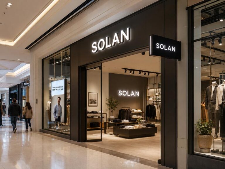 Complete shopping mall store sign combination with storefront letters, blade sign, window sign, and interior logo