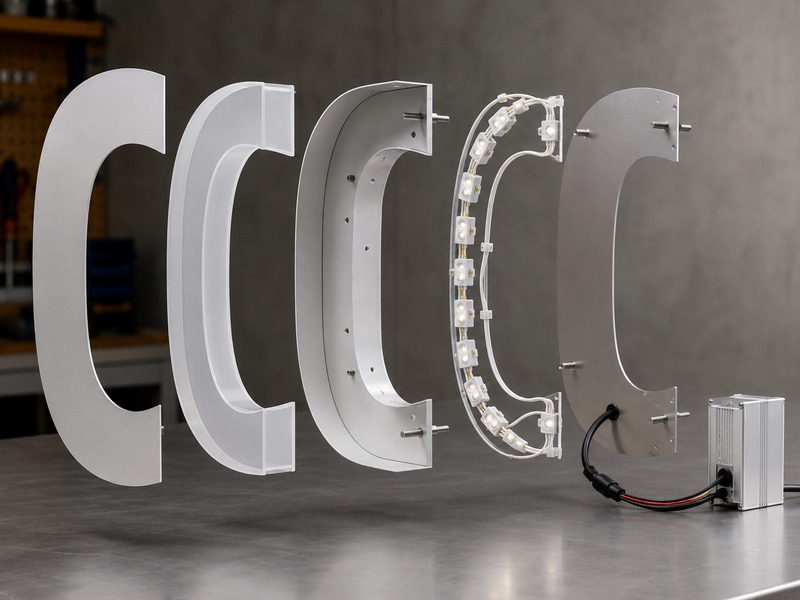 Components of a side-lit channel letter including face, acrylic return, LEDs, back and wiring