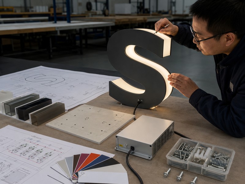 Pre-production inspection of side-lit channel letter structure, materials, wiring and mounting