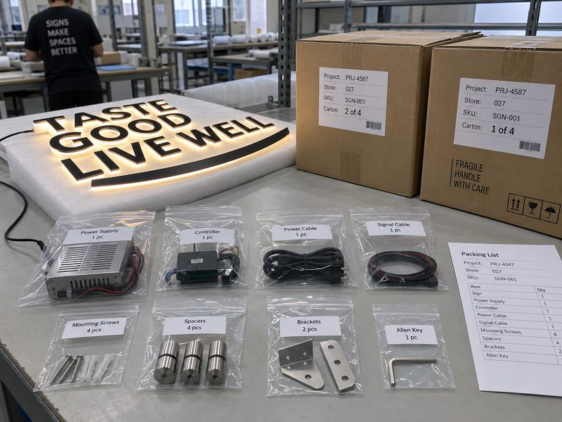 Custom sign accessories packed with power supplies hardware and carton labels