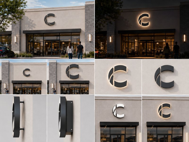 Day and night comparisons used to approve the scale, lighting, and mounting of a storefront sign