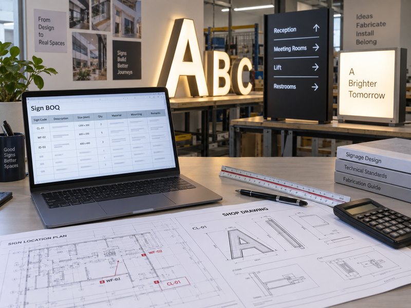 Sign bill of quantities with commercial signage drawings, sign codes, sizes and quantities for project quotation