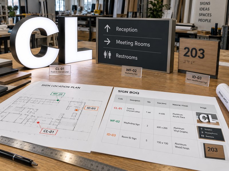 Sign BOQ example linking sign location plans and sign codes to channel letters, directional signs and identification signs