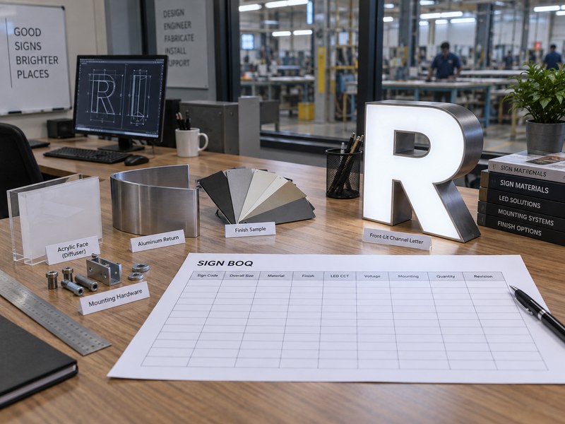 Sign BOQ fields showing size, material, finish, lighting, voltage, mounting, quantity and drawing revision