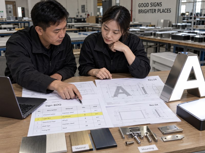 Sign BOQ review before RFQ comparing quantities, drawing revisions, materials, mounting and commercial signage specifications