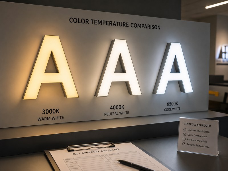 Illuminated sign samples showing brightness control and different LED color temperatures