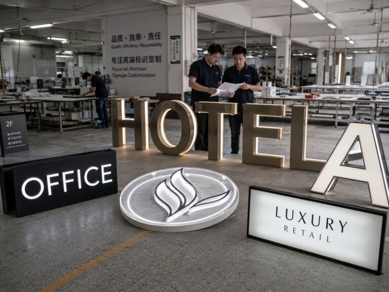 Sign broker working with an overseas custom sign manufacturer for commercial signage production