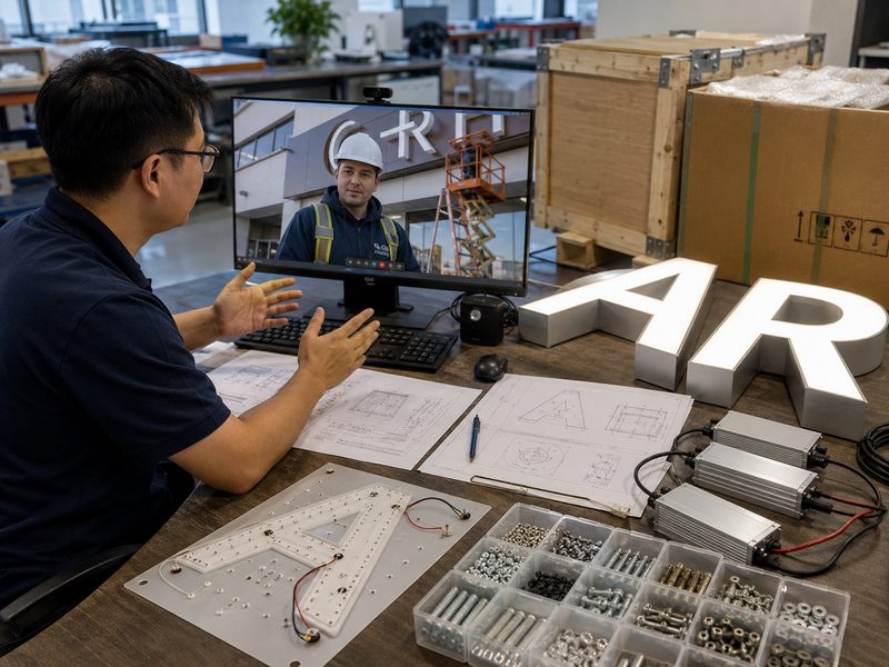 Overseas factory engineer and local installer coordinating sign compliance, shipping, mounting, and electrical installation.