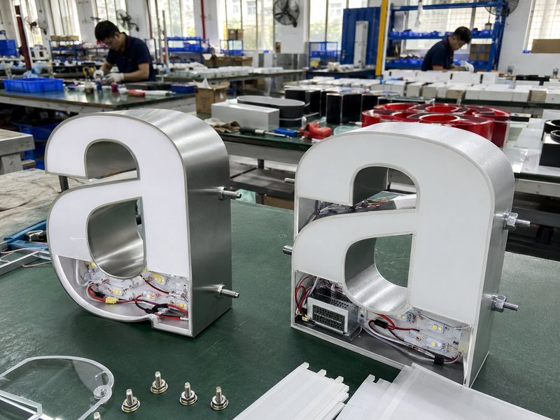 Indoor and outdoor channel letter construction with different materials and components