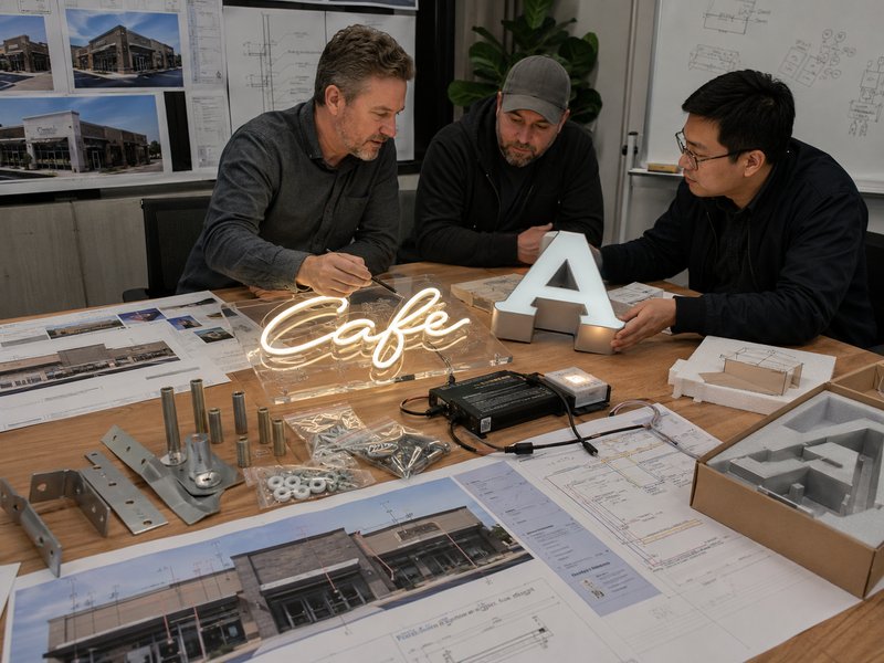Project team comparing LED neon and channel letter samples for installation and cost planning