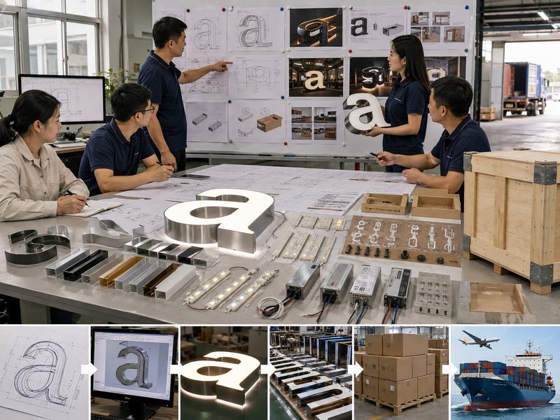 Custom sign project planning with prototype, production schedule, testing and export packaging