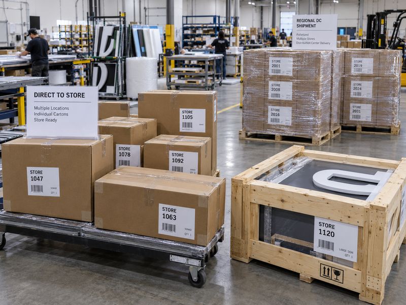 Multi-store sign packaging organized for direct-to-store and distribution-center delivery