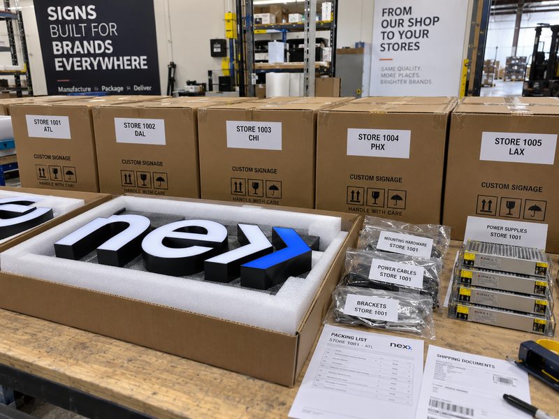 Custom sign packaging with store labels, accessories and multi-location delivery preparation
