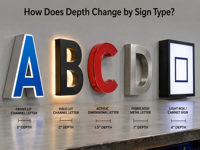 Sign depth comparison for channel letters light boxes acrylic and metal letters