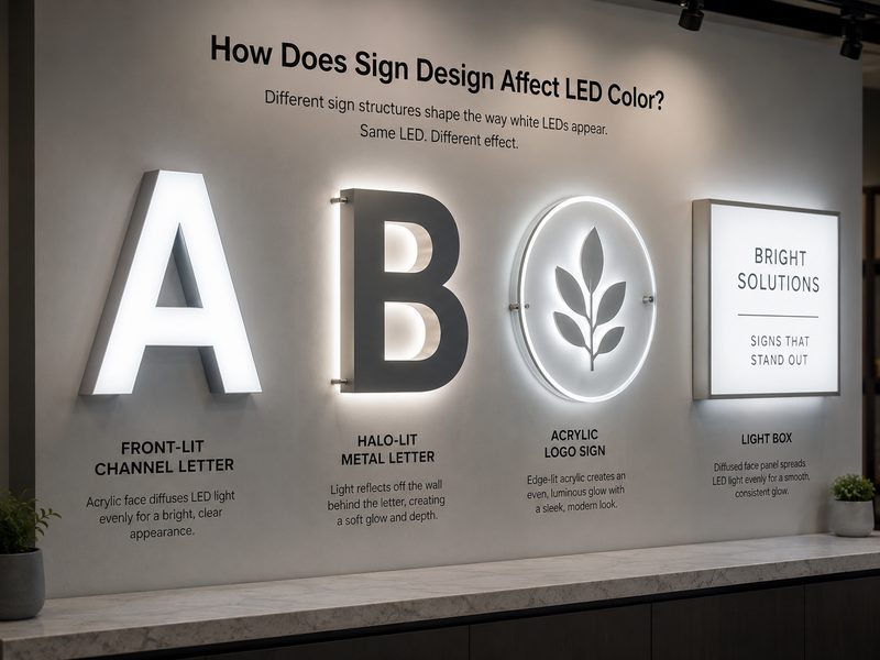 Different sign structures showing how design changes LED color appearance
