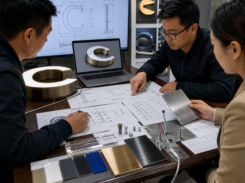 Sign design and engineering review with channel letter drawings and material samples