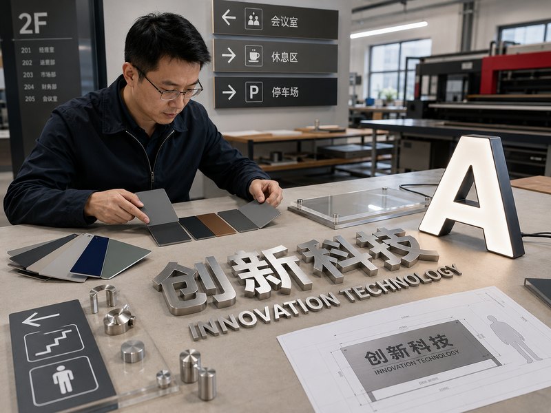 Sign materials, colors, typography, lighting, and mounting details reviewed as one design language