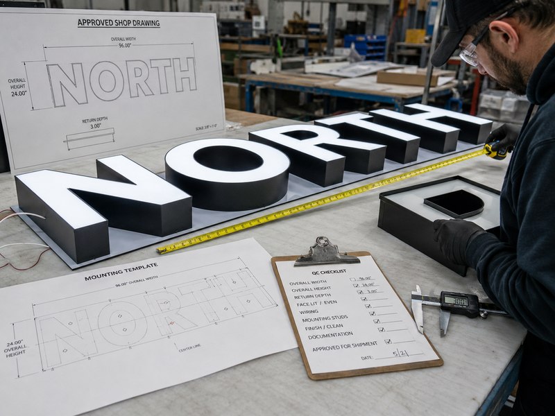 Custom sign dimensions checked against approved shop drawing before production