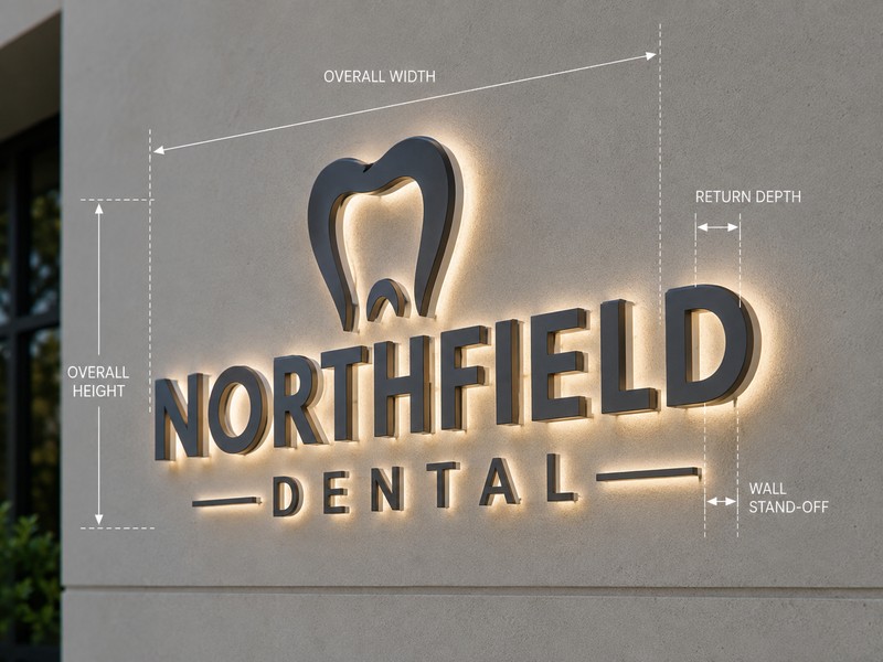 Sign width height depth and stand-off dimensions explained on channel letters