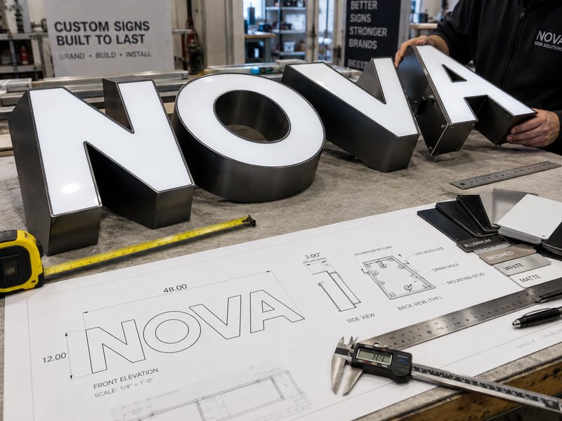 Sign specification requirements covering dimensions, materials, lighting, mounting and project information