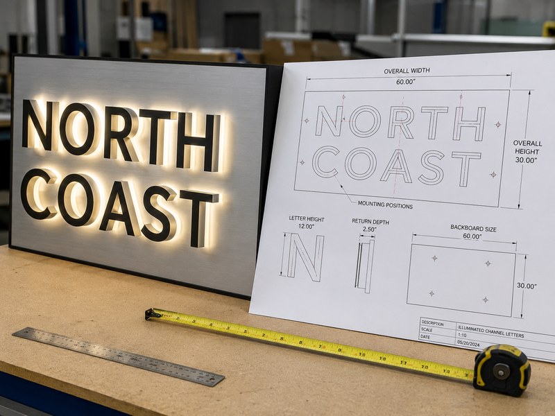 Custom sign dimensions required for quotation and production drawings