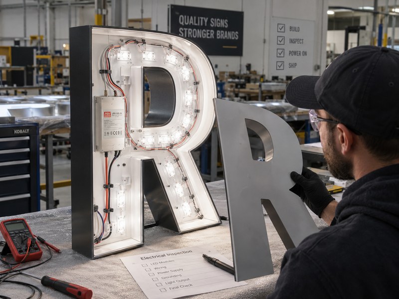 Illuminated sign electrical requirements with LED modules, wiring and power supply
