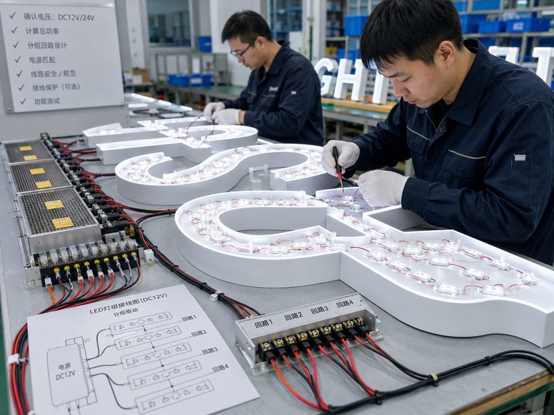 Custom illuminated sign electrical system with LED wiring, power supplies and circuit groups
