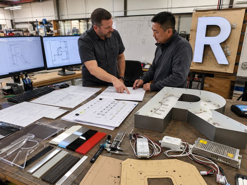 Sign engineers reviewing CAD drawings, LED layouts, electrical diagrams, materials, and channel letter construction details
